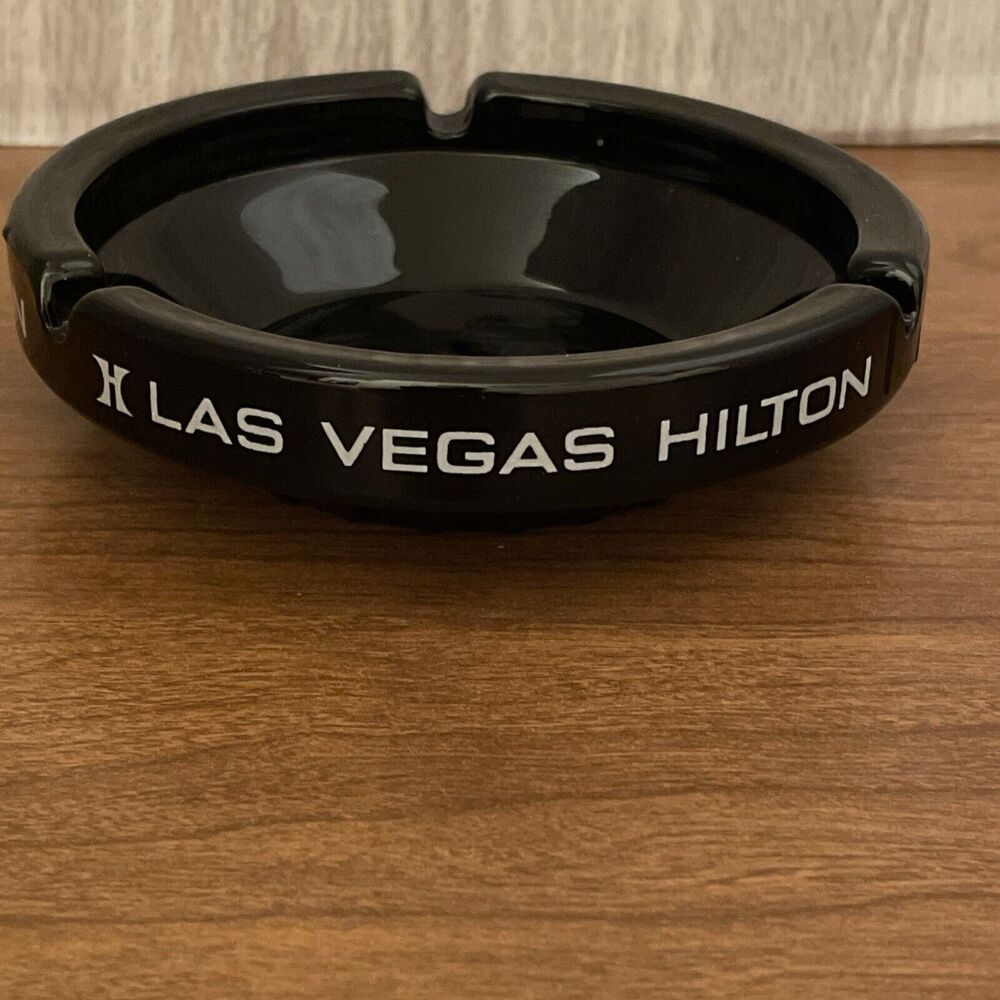 Vintage Las Vegas Hilton Hotel Ashtray Casino Black Glass for Cigarettes 1970s